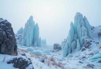 Frosty Periglacial Zone Conditions Near Glacial Highlands Characterized by Tundra Flora and Ice-bound Rocks