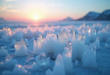 Frozen Crystal Formations at a Glacial Terminus Mirroring an Luminous Sky