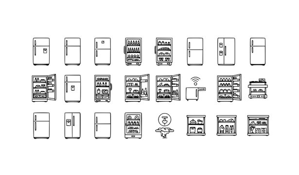 Kitchen fridge thin line icon vector collection with refrigerator and cooling symbols