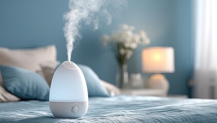 A bedroom humidifier releasing a mist on a bed with soft lighting