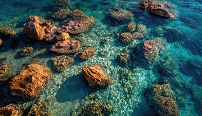 Clear turquoise water reveals weathered rocks beneath the sunlit ocean surface