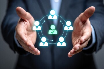 Businessman presenting glowing network of interconnected people icons in hands  teamwork and communication concept