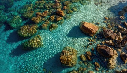 Crystal clear turquoise ocean water reveals submerged rocks and shoreline