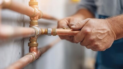 Fototapeta premium Skilled plumber tightening copper pipes with tools in a modern bathroom renovation setting for plumbing maintenance