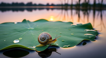 A small snail on big green leaf