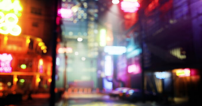 neonlit blurred urban street night, glowing neon signs and deep bokeh layers, reflective wet pavement and distant storefront silhouettes, cinematic cyberpunk