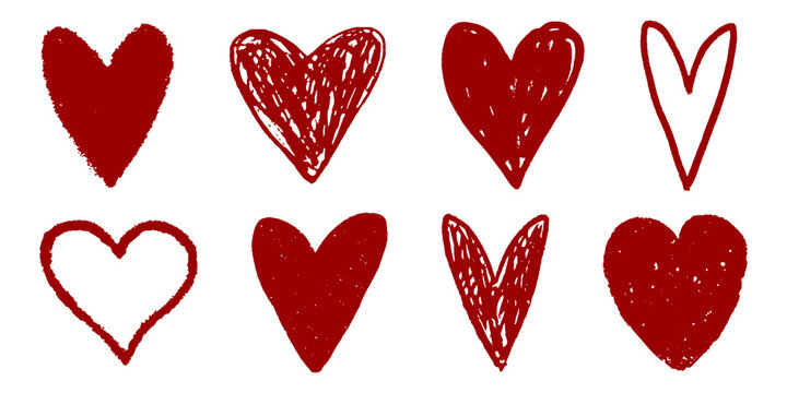 Red hand drawn hearts set. Brush and pencil sketch texture with scribble lines. Romantic doodle elements for cards, posters, creative layouts.