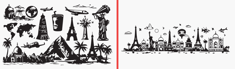 Obraz premium Paris Eiffel Tower Travel Doodle Collection, Hand Drawn French Landmark Sketch Art, Romantic Couple Scene Vector Clipart Bundle, Love Travel Theme Graphics Stock Art Set, France Vacation Drawing Bundl