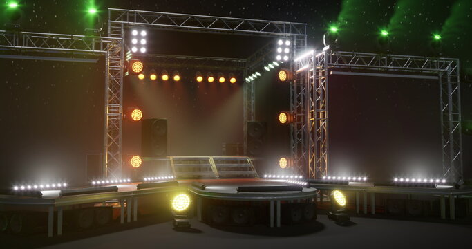 Illuminated festival stage with warm lights central platform and truss structures set for energetic headline show and hybrid livestream experience