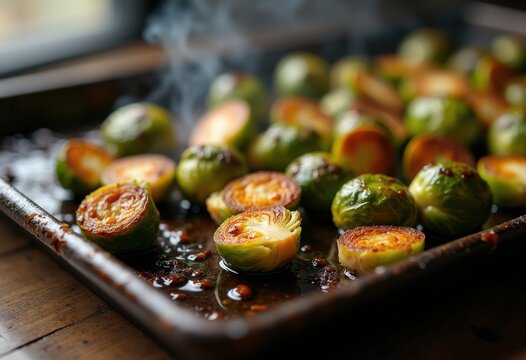 Roasted Brussels Sprouts Breakdown on Dark Baking Tray with Balsamic Drizzle Glabies and Glimmer