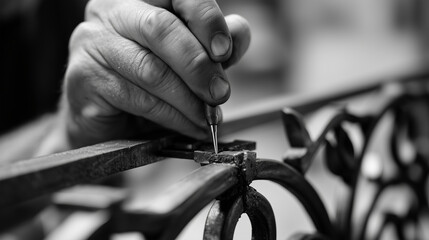 artisan shaping a decorative iron railing, precise curves and hot rivets in process