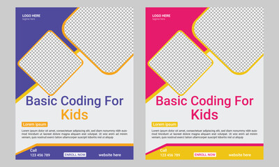 Coding computer programming and kids technology educational print flyer or poster template
