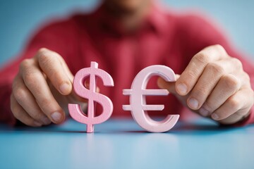Hands holding pink dollar and euro currency symbols on blue table