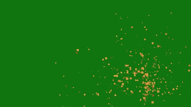confetti falling on green background, gold confetti rain launched from a cannon, Animation of golden confetti paper falling down slowly on transparent screen. Birthday celebration party. 4K