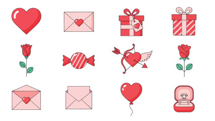 Valentine's Day Icons: Hearts, Roses, Gifts, Envelopes, Ring, Candy, Cupid