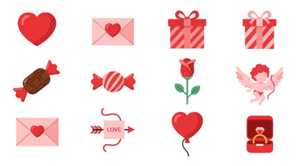 Valentine's Day Icons: Hearts, Gifts, Rose, Cupid, Candy, Love Letter, Ring