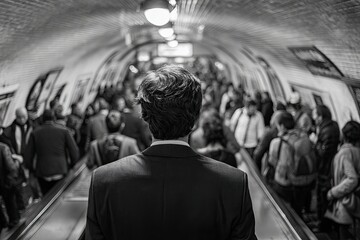 Businessman ascends crowded escalator in urban tunnel