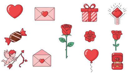 Valentine's Day Icons: Hearts, Roses, Cupid, Gift, Candy, Ring, Envelope