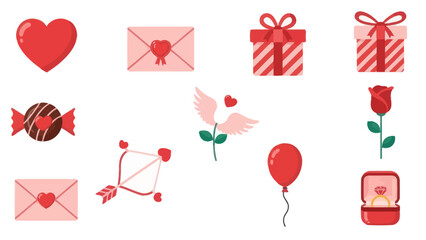Valentine's Day Icons Set: Hearts, Gifts, Rose, Cupid, Envelope, Ring, Candy