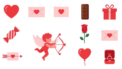 Valentine's Day Icons: Cupid, Hearts, Rose, Gift, Chocolate, Candy, Ring, Envelopes