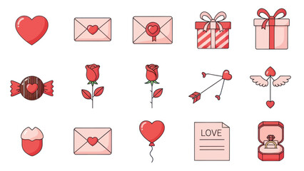 Valentine's Day Icons: Hearts, Roses, Gifts, Envelopes, Ring, Cupid