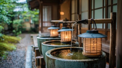 Illuminated stone basins receive flowing water from bamboo spouts beside a traditional building facade