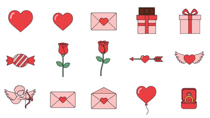 Valentine's Day Icons: Hearts, Roses, Gifts, Cupid, Love Letters, Balloon, Ring