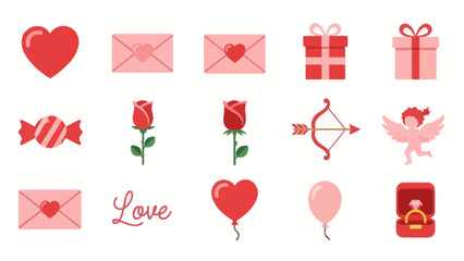 Valentine's Day Icons: Hearts, Roses, Gifts, Envelopes, Cupid, Ring, Balloon