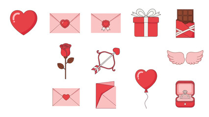 Valentine's Day Icons: Heart, Rose, Gift, Ring, Cupid, Chocolate, Envelopes