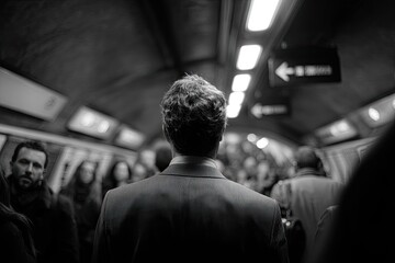 Man in suit, back to camera, in crowded subway tunnel with lights