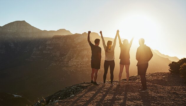 Four people celebrate success on a mountain at sunset with raised hands