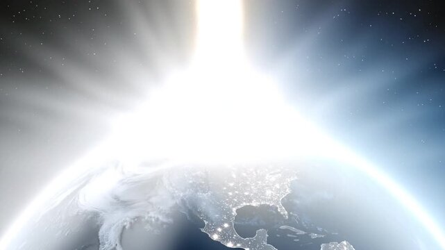 Celestial Ascent: A vibrant representation of Earth from space, with a beam of celestial light originating above, portraying themes of divine inspiration and global connection.