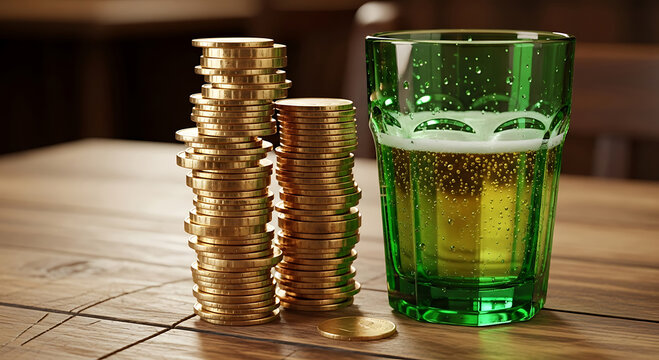 St. patrick's day celebration with a pint of green beer and gold coins on a wooden table