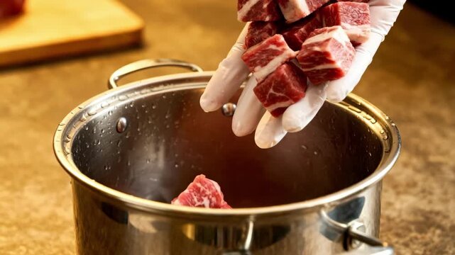 Medium shot of cubed beef being placed into a pressure canner for safe home canning highlighting the preparation process and meat quality.