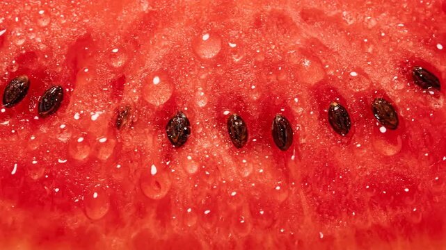 Close-up of a juicy watermelon slice with water droplets, showcasing its refreshing texture.