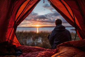 Person gazes at sunset from inside a tent, with lake and sky in background
