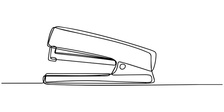Stapler pinning, Stapler, staple, paper, cardboard, office equipment. Vector illustration isolated on white background. Continuous line drawing. Vector monochrome, drawing by lines