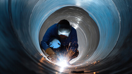 welder crouched inside large pipe section, sparks illuminating curved steel interior