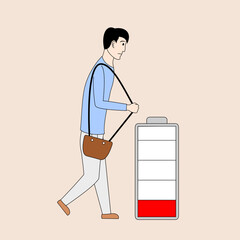 Fototapeta premium A man is walking with a bag he looks tired, listless, and unenthusiastic expression