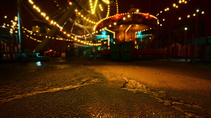 wet pavement reflecting carousel lights, empty fairground glow with string bulbs, shallow depth and bokeh highlighting textured asphalt, vintage ride blurred © icetray