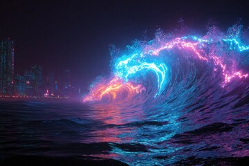 Electric storm over ocean with city skyline in background, glowing neon waves