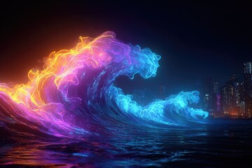 A glowing, fiery wave surges against a city skyline at night