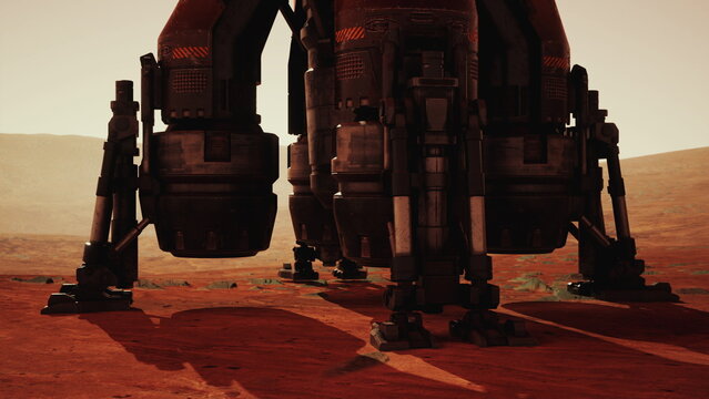 Red terrain with spacious cargo bay, Heavily equipped lander situated on vibrant red landscape with supplies prepared for subsequent release