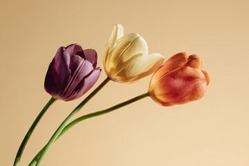 Three delicate tulips in shades of purple, yellow, and orange bloom serenely