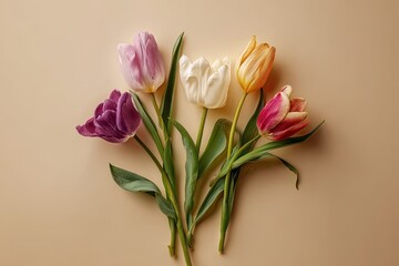 A pastel bouquet of five colorful tulips arranged on a pale, smooth surface