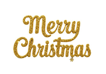 Naklejka premium hyper-realistic 3d macro render of 'merry christmas' calligraphic text made of textured metallic gold glitter, isolated on white with copy space. concept for high-end christmas card design