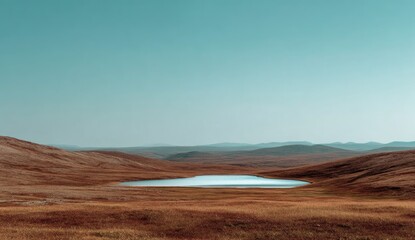 Serene blue water rests in a vast, dry, rolling landscape under a clear sky