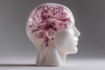 Translucent head model reveals internal organic-like structures on a plain background