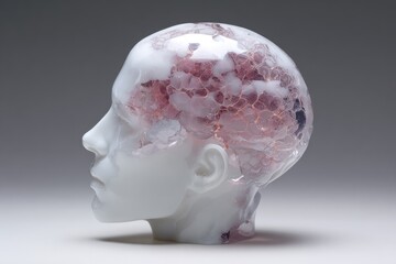 Translucent human head sculpture with pink and purple crystalline brain structure