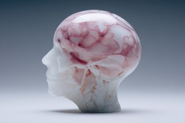 Translucent human head sculpture revealing abstract reddish vascular-like patterns